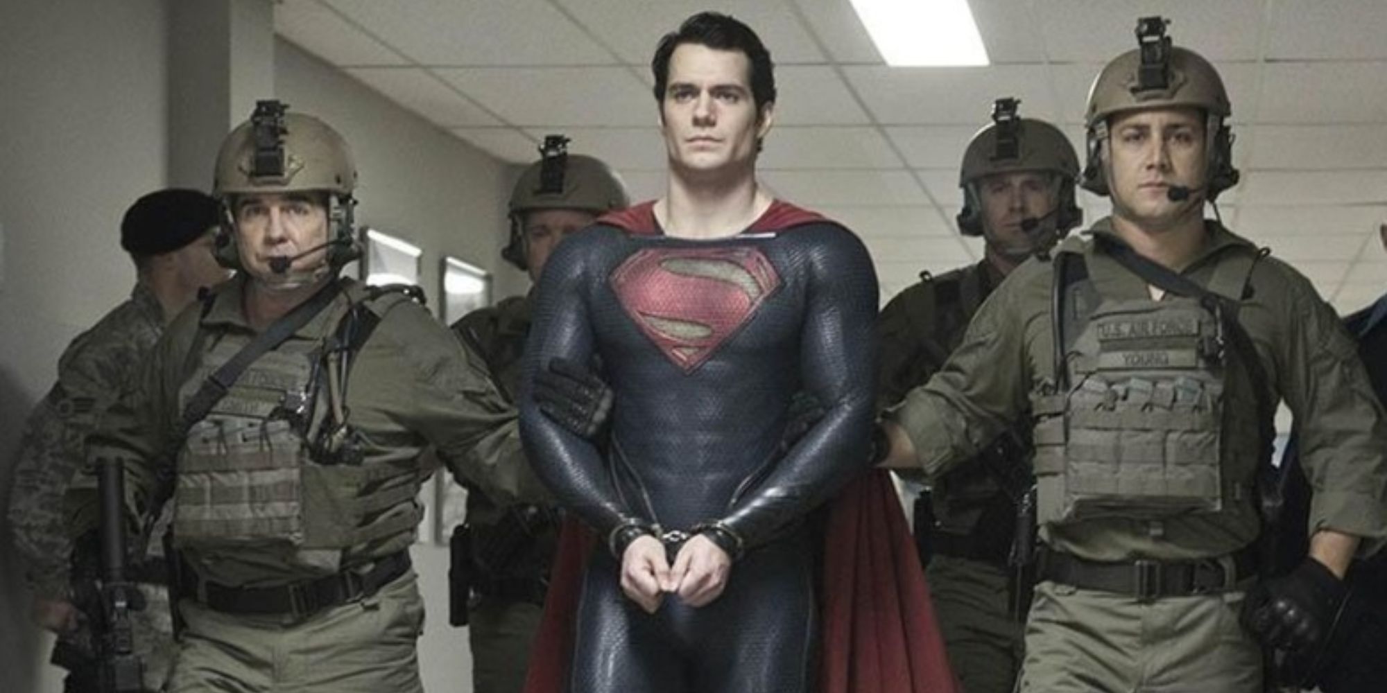 Henry Cavill as Superman is captured by US forces in the Warner Bros DC animated film Man of Steel