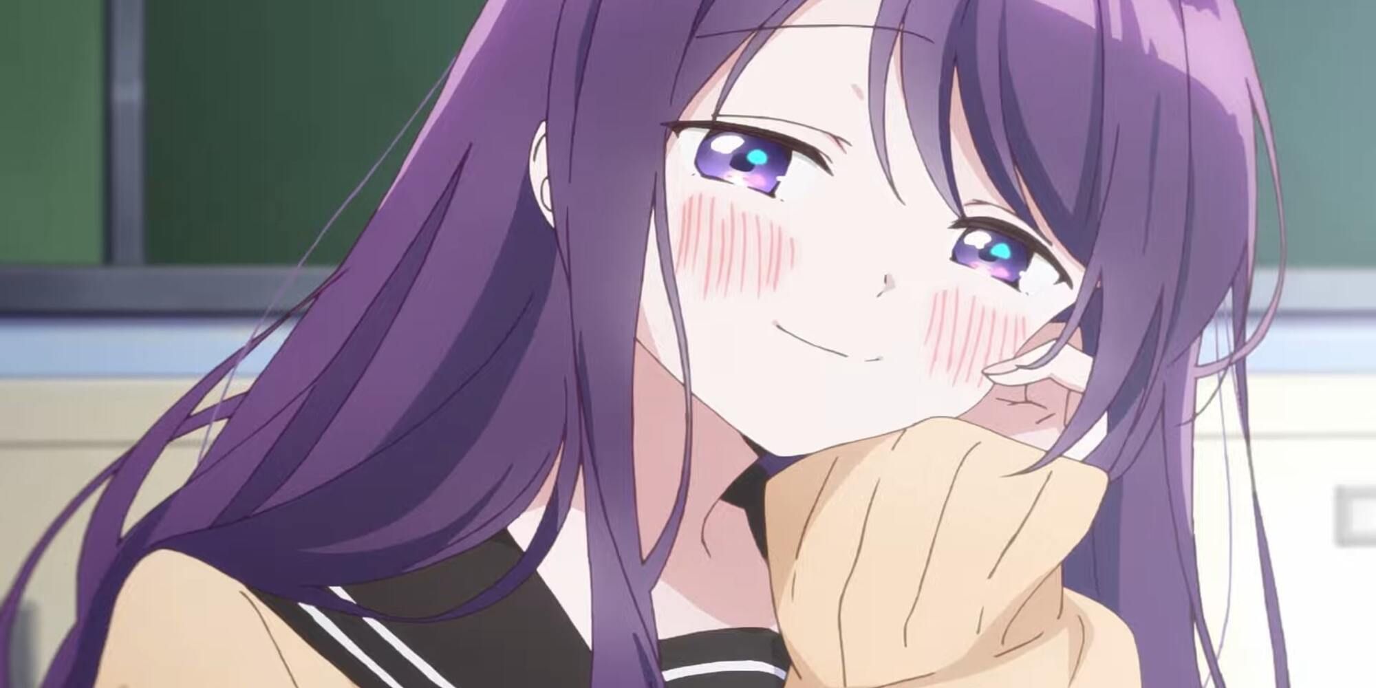 A girl with purple hair smiles and blushes with her chin resting on her hand.