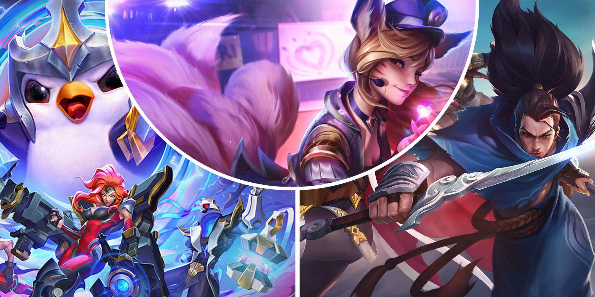 Ahri of the League of Legends winks and thrusts Yasuo forward with his sword