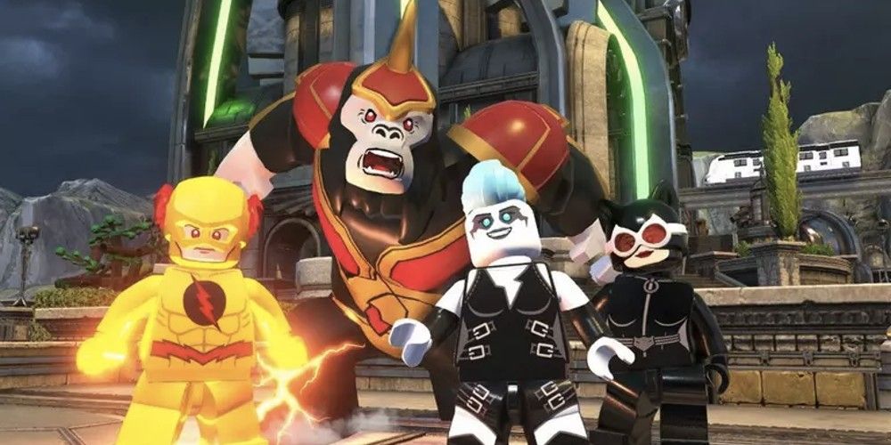 Lego DC Villains Grodd, Catwoman, and Zoom stand together outdoors