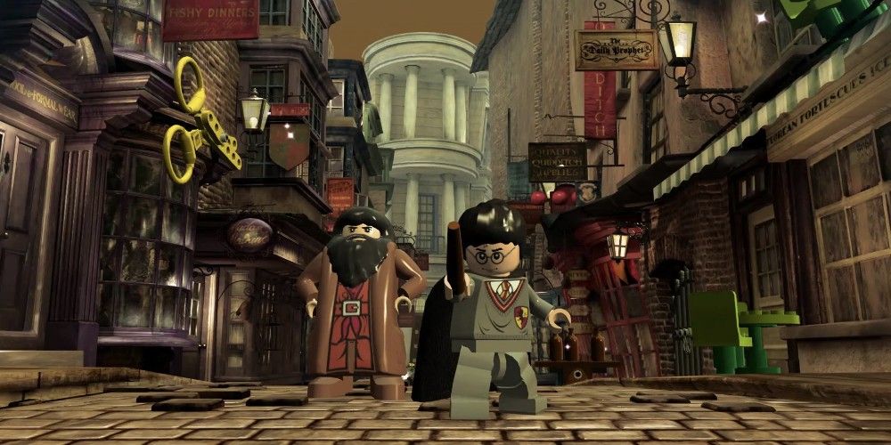Lego Hagrid and Harry Potter standing in Diagon Alley.