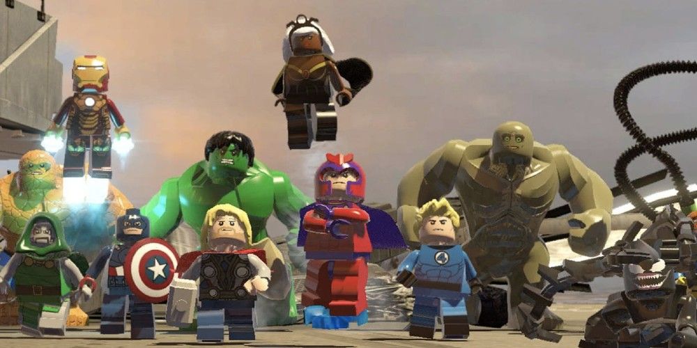 Lego Marvel Super Heroes heroes and villains running on a helicarrier