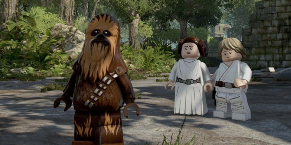 Lego Star Wars Chewbacca, Princess Leia and Luke Skywalker stand in a wooded area