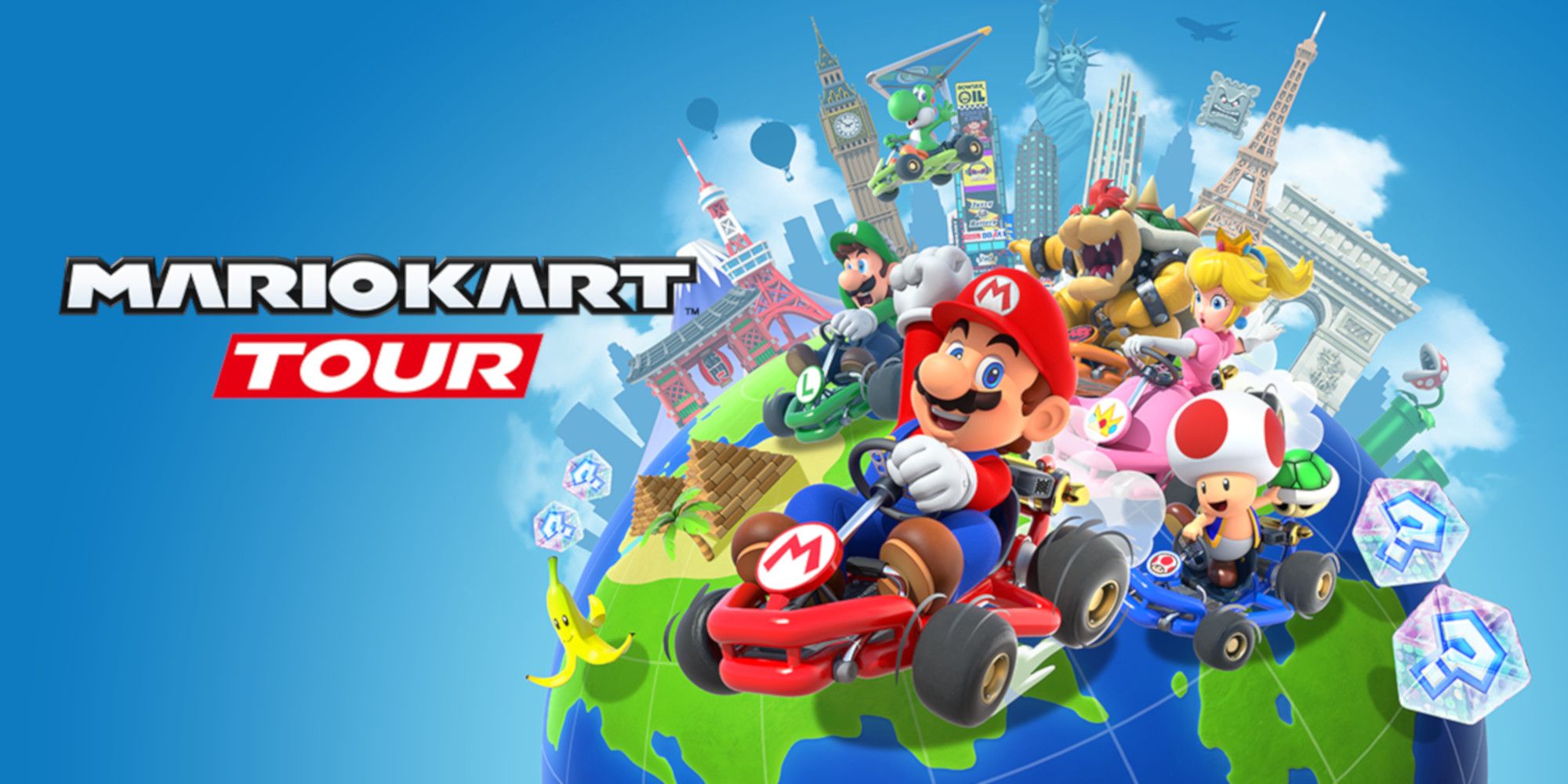 Promotional Banner of the Mario Kart Tour cast racing on a globe with a cityscape behind them