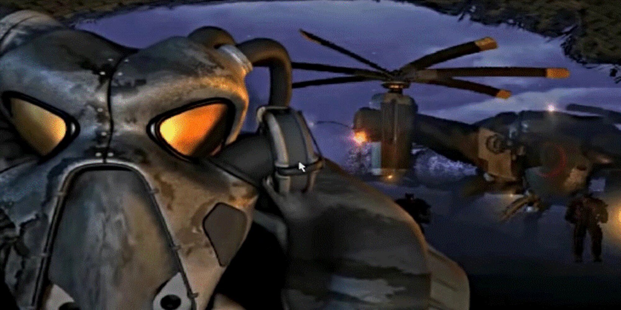Masked Fallout 2 FPS combatant and a chopper behind