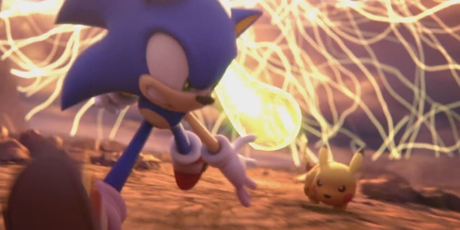 Sonic trying to save Pikachu from Galeem's attack in the World of Light reveal trailer for Super Smash Bros. Ultimate.