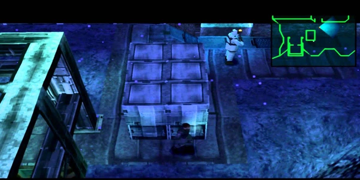 Solid Snake sneaks through an airfield on Shadow Moses
