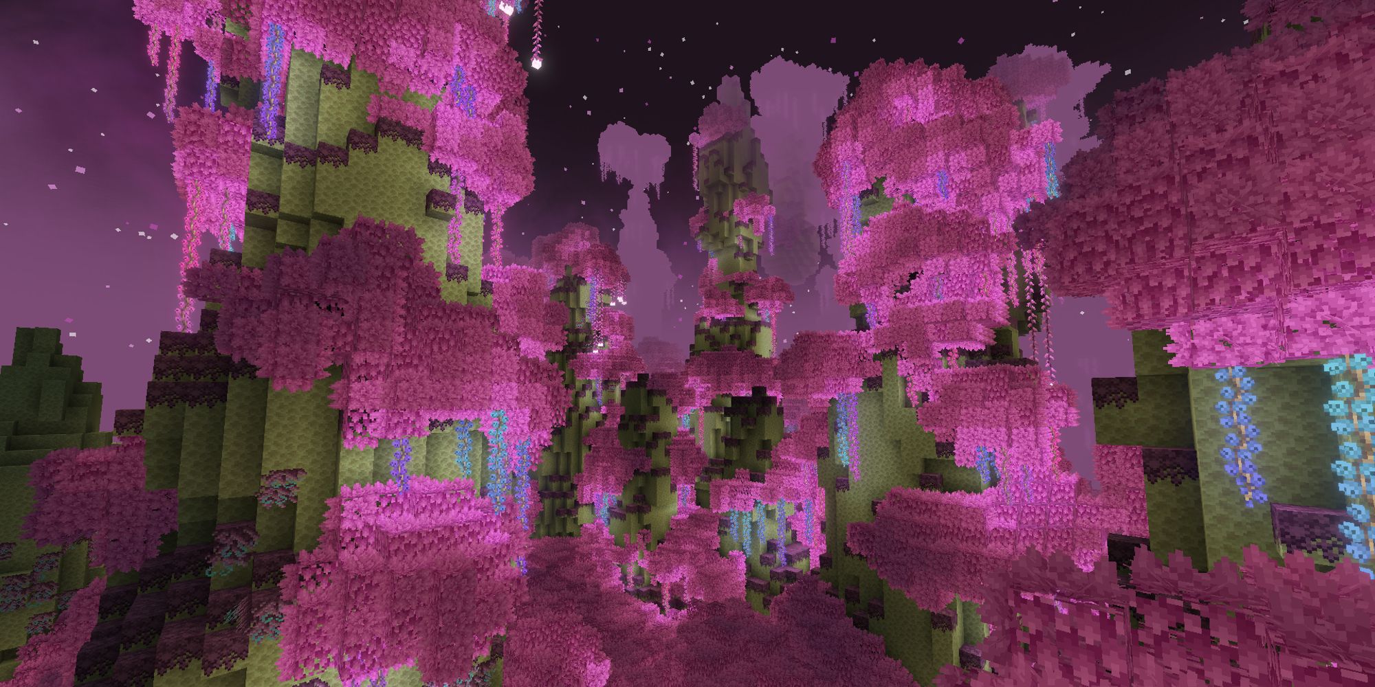 Minecraft End Dimension With Massive Pink Trees And Long Overgrown Pink Vines