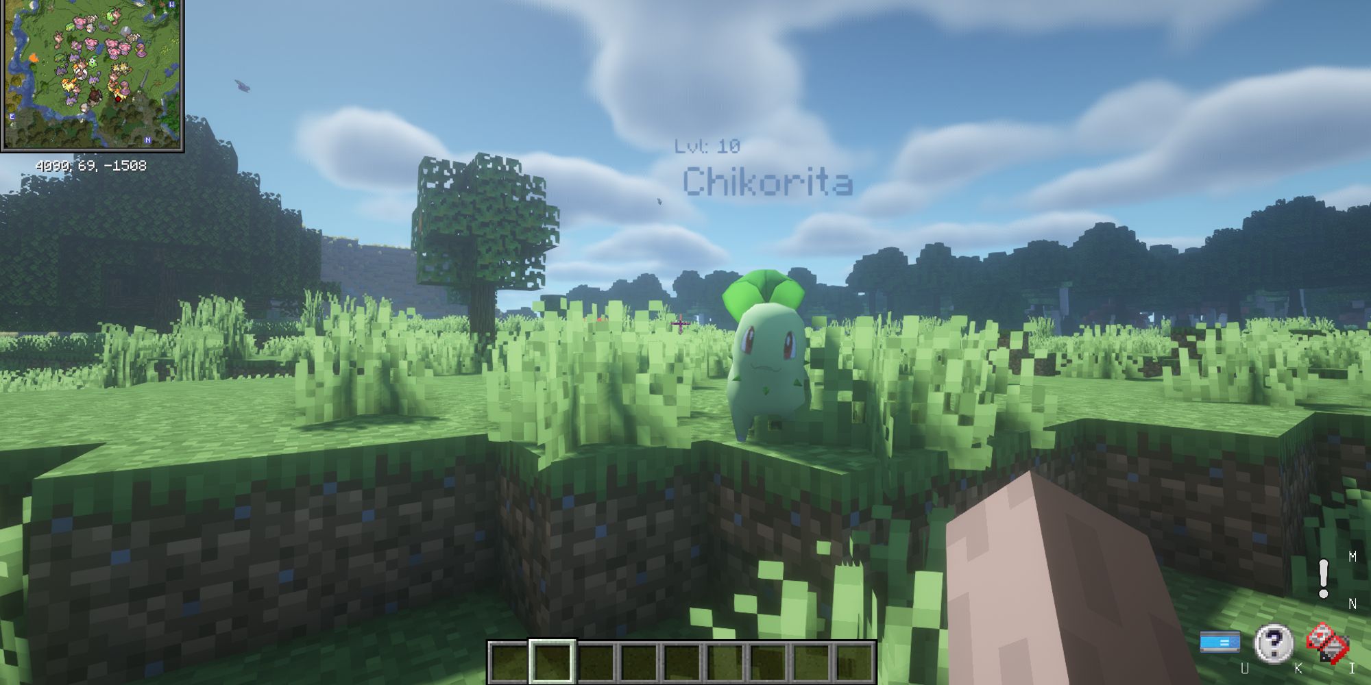 Minecraft Pixelmon Chikorita Sitting Smiling In Open Field