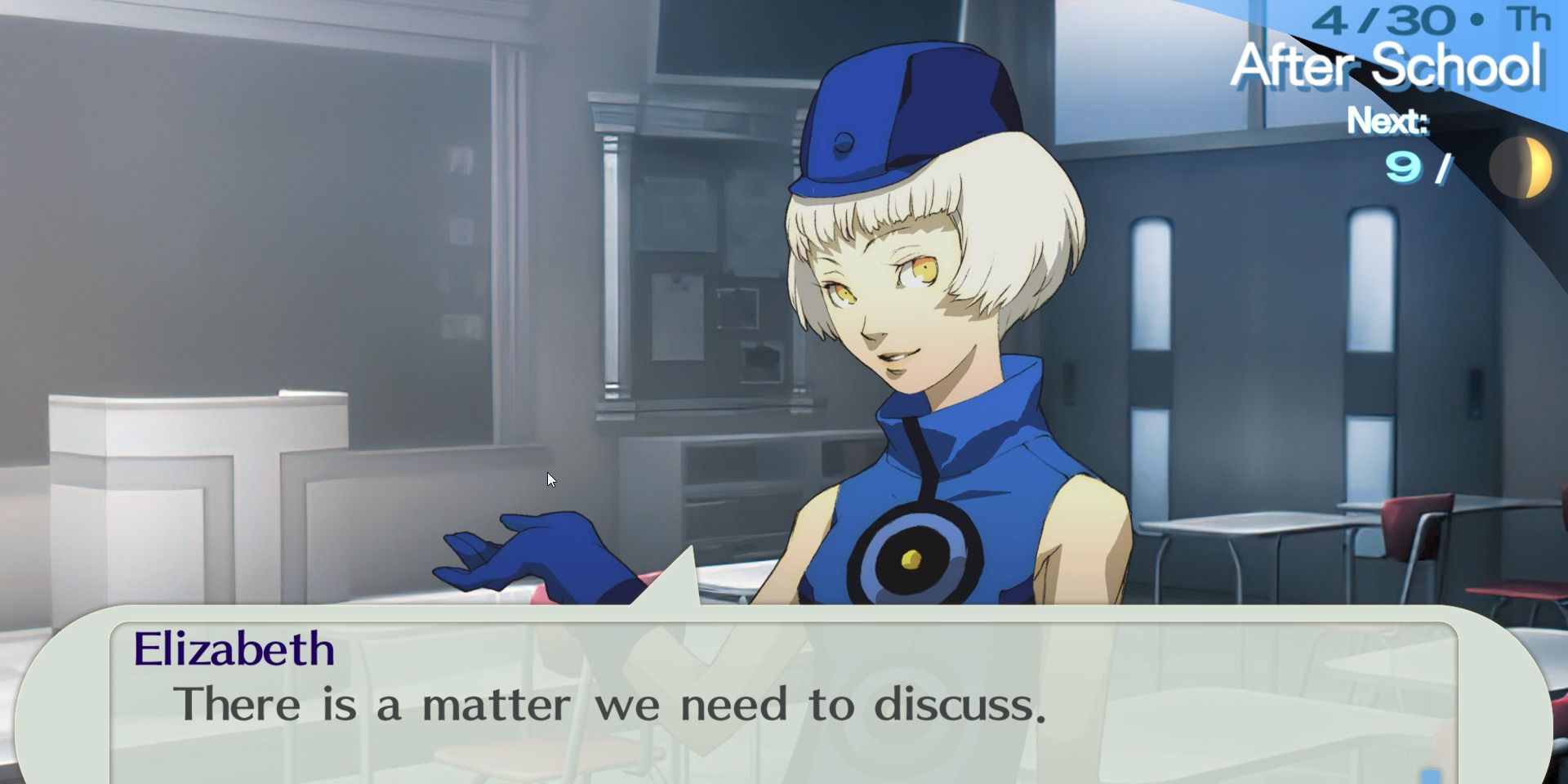 Image of the character Elizabeth after calling you at school in Persona 3 Portable.