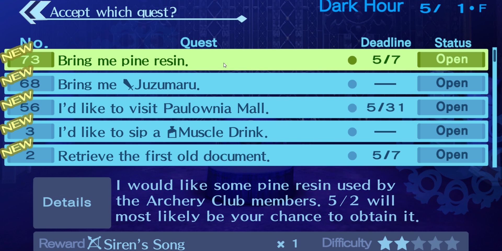 Image of the pine resin quest for Elizabeth in Persona 3 Portable.