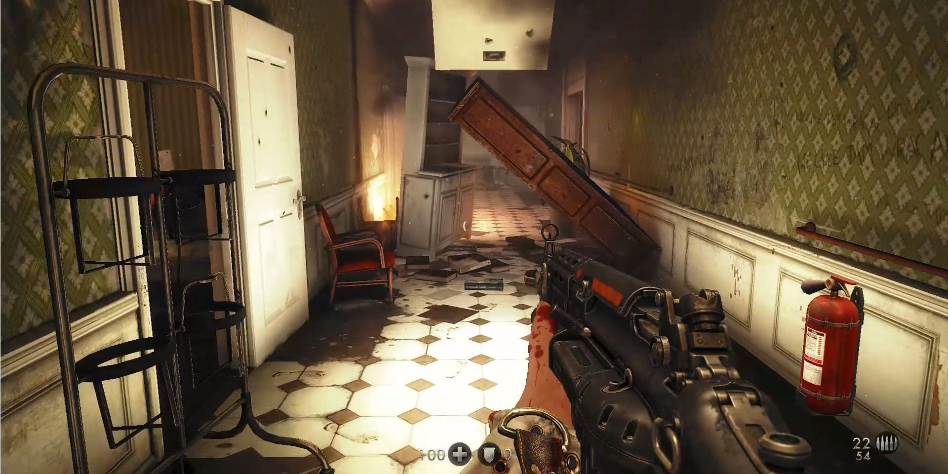 Image of the fallen bookcase in the Asylum in Wolfenstein: The New Order.