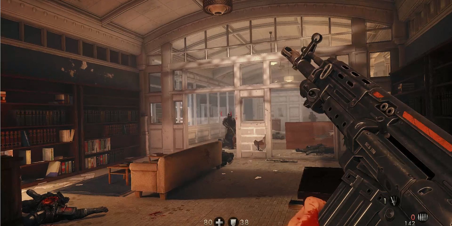 Image of an enemy on the lower floor of the Asylum in Wolfenstein: The New Order.