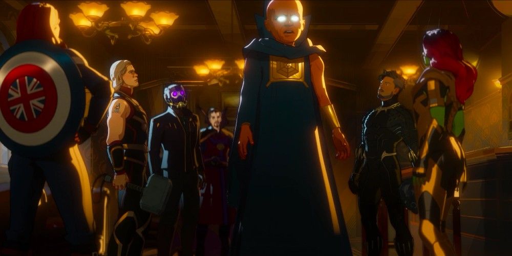multiversal avengers make plans at the bar with the watcher in the center