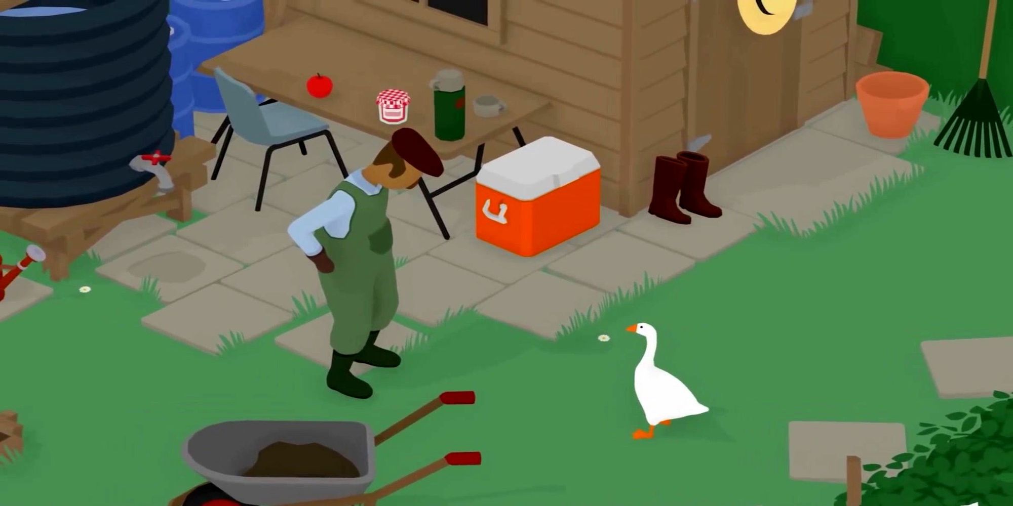 Farmer and geese staring at each other (Untitled goose game)