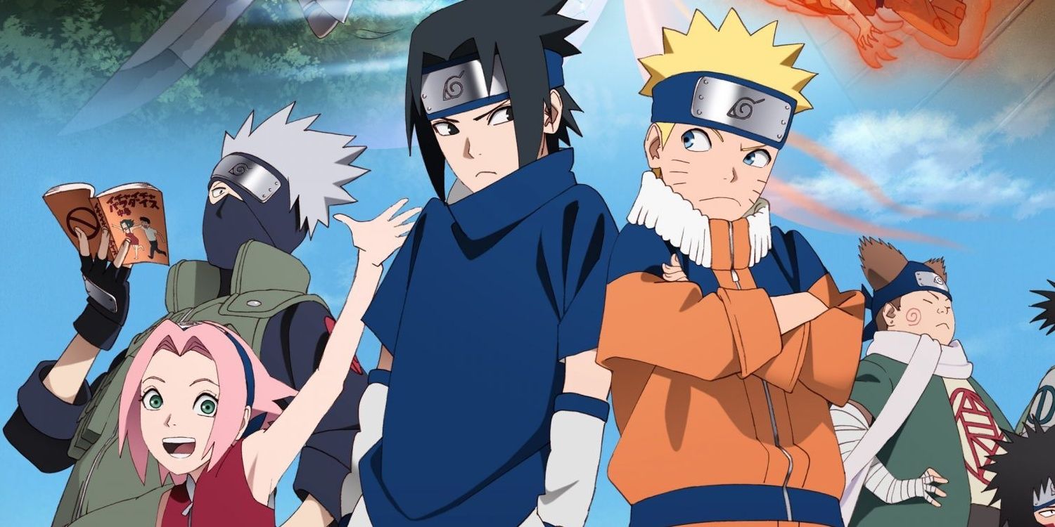 Most of the main characters from the Naruto anime standing together. Including Naruto, Sasuke, Sakura, and Kakashi.