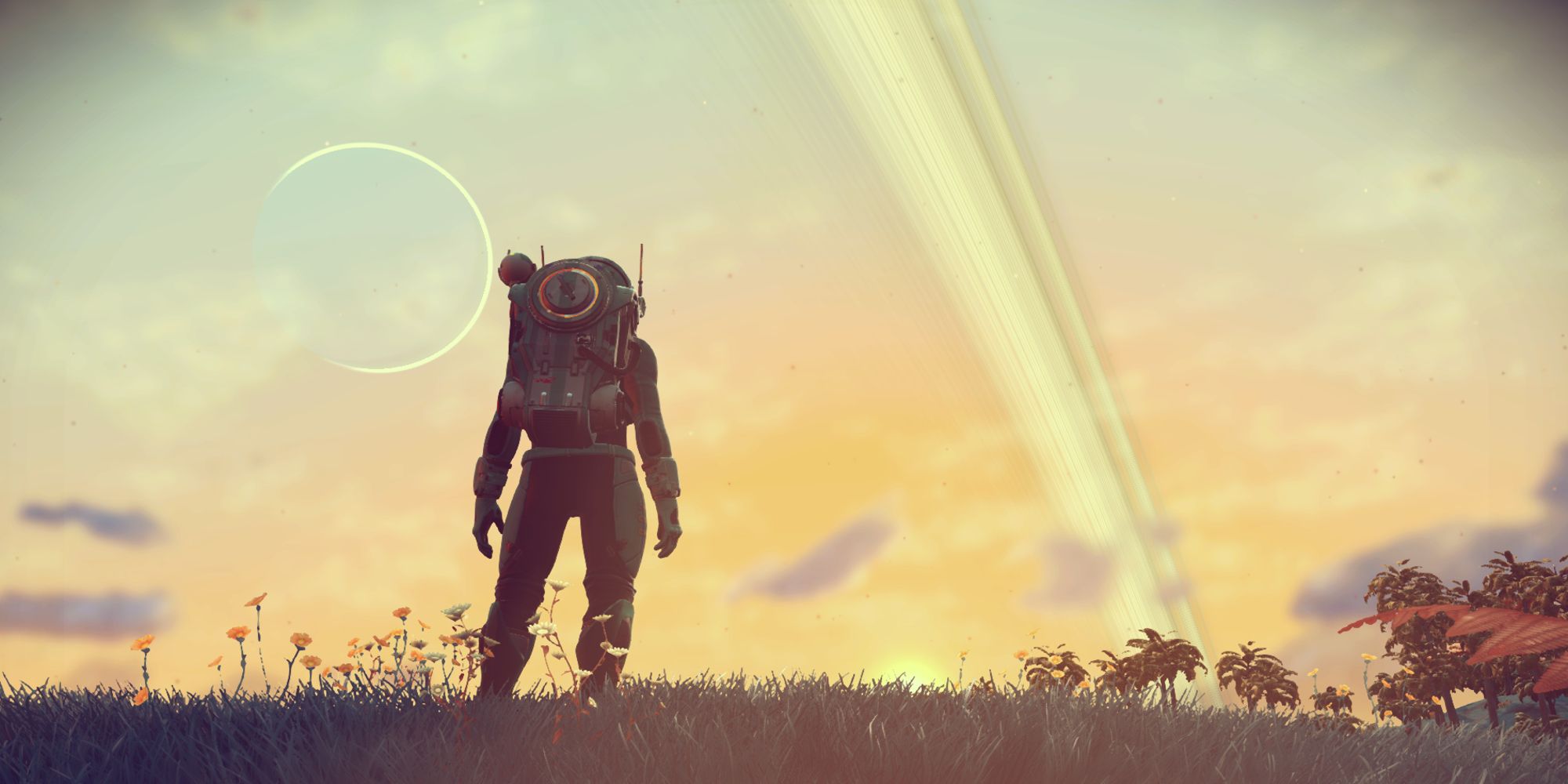 No Man's Sky overlooks a yellow planet on the horizon in the distance