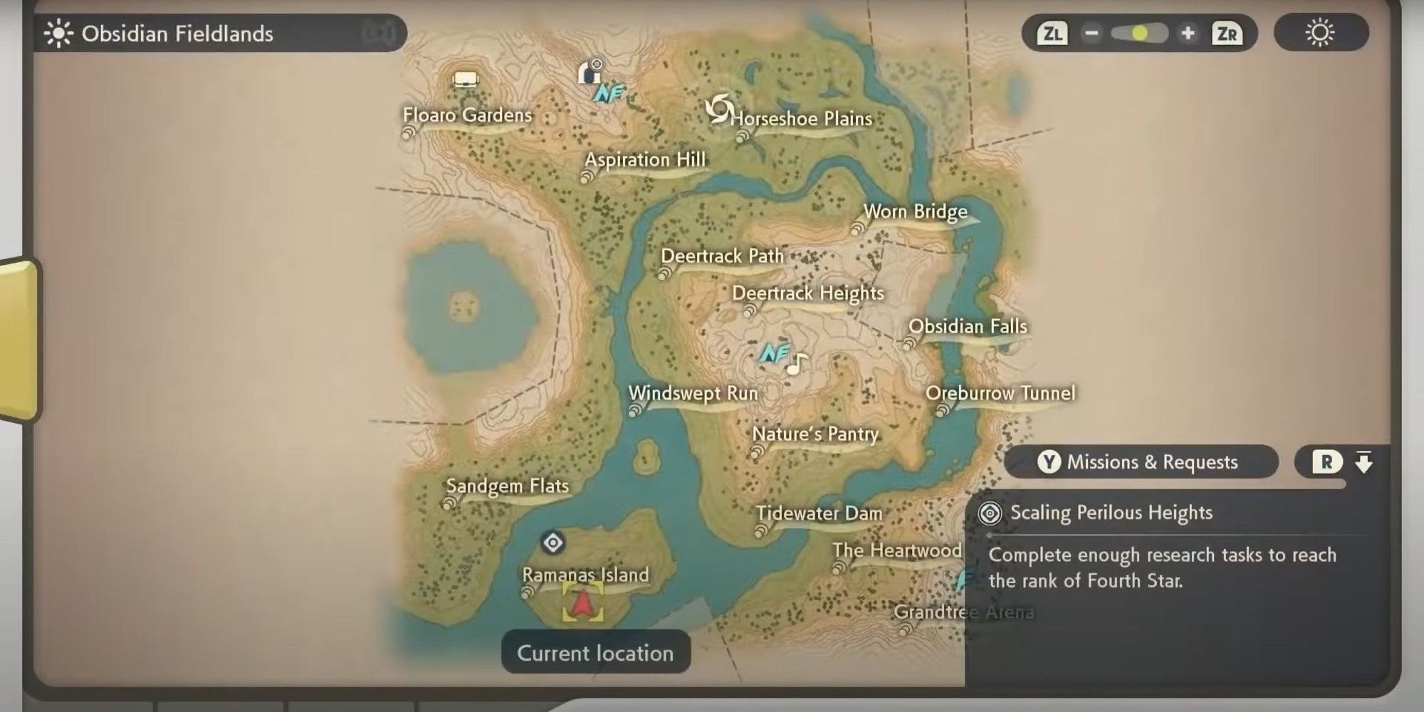 The map of Obsidian Fieldlands in Pokemon Legends Arceus showcasing all of the areas in this region as well as where the character's current location is.