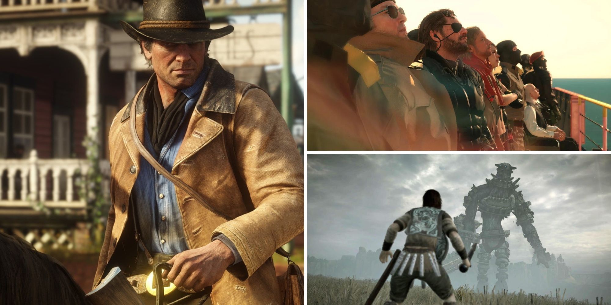 Collage of the Best Open-World Games That Aren't RPGs (Red Dead Redemption 2, Metal Gear Solid V, Shadow of the Colossus)
