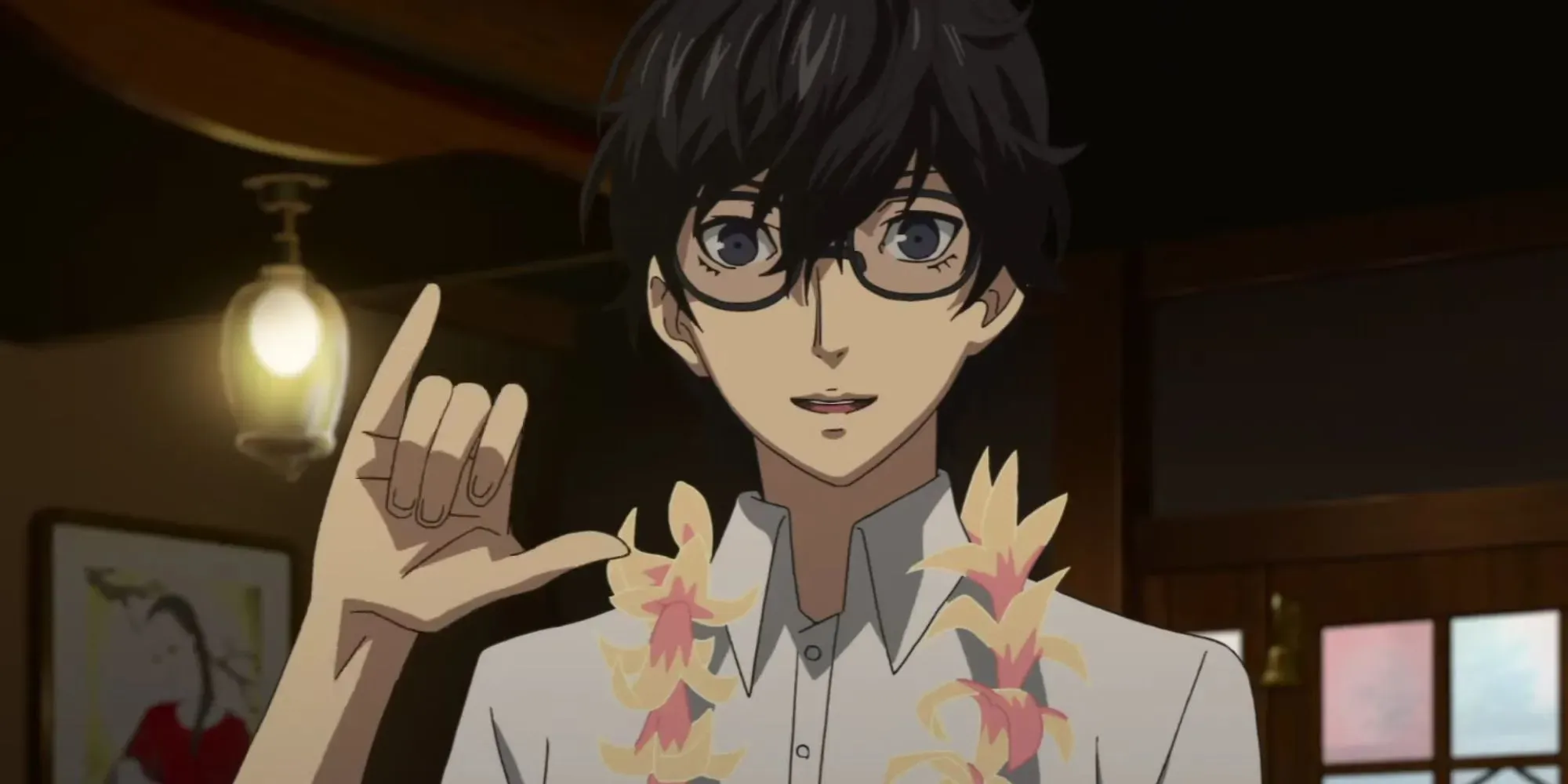 Persona 5 Joker makes the hand symbol after coming back from Hawaii