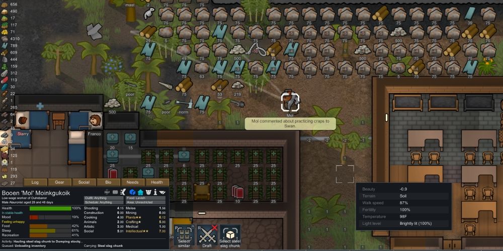 A pawn hauling an item to the stockpile, with an action queued for emptying their inventory