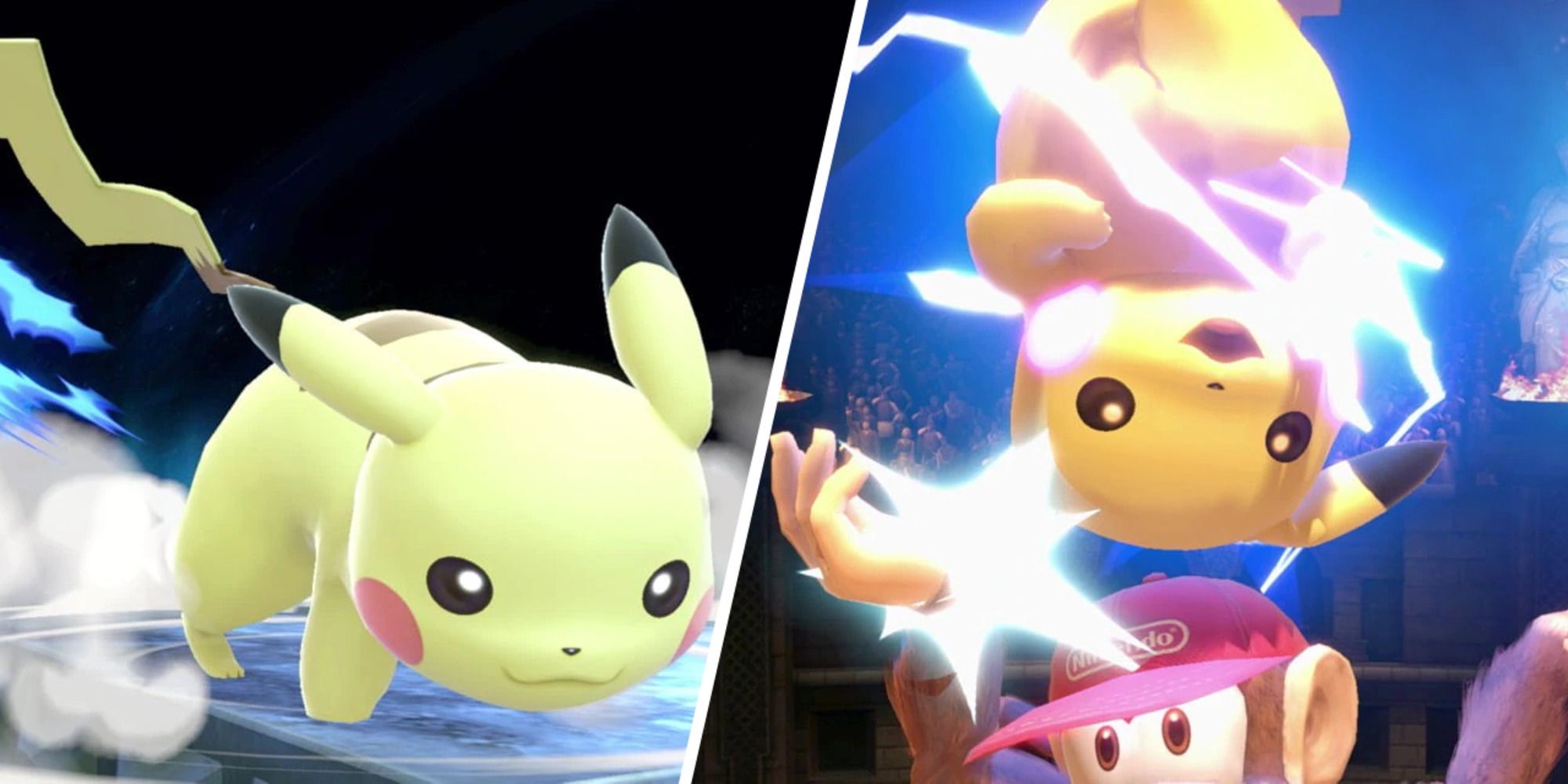 Pikachu using Down-Tilt on the left and using DAir on Diddy Kong on the right in Super Smash Bros. Ultimate.