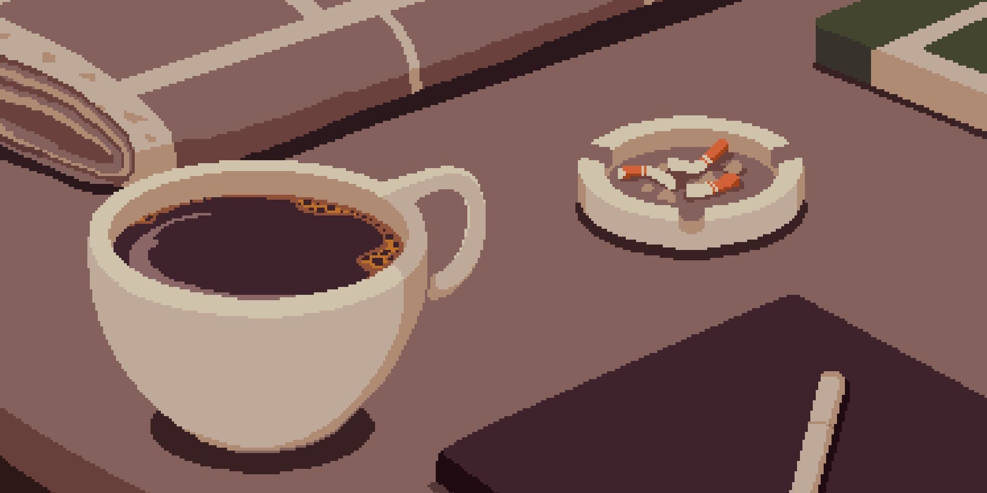 A background image from the barista simulator Coffee Talk, depicting a mug of coffee and an ashtray.