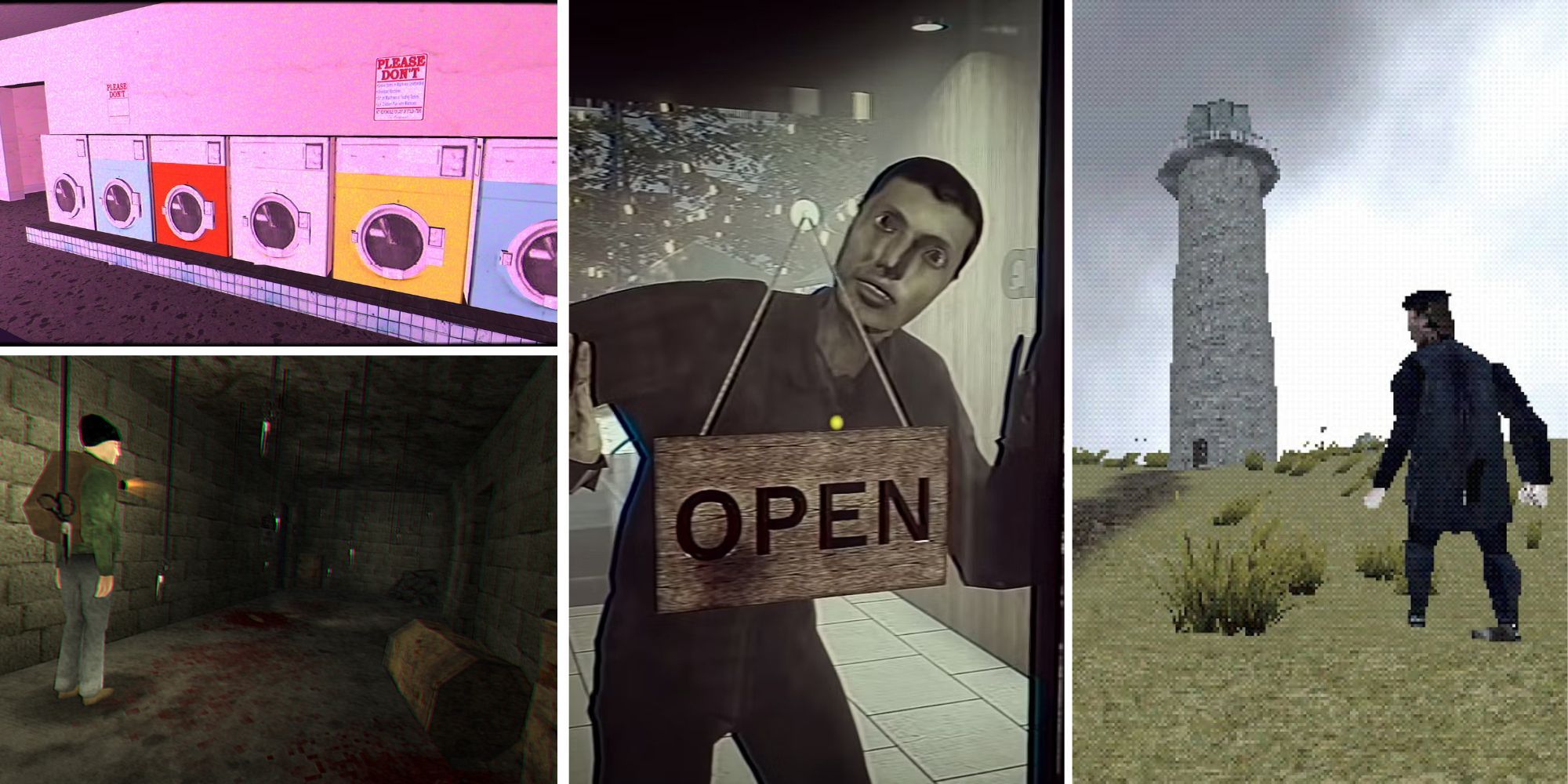 Collage of PS1-Style horror games (Bloodwash, The Night of the Scissors, The Closing Shift, No One Lives Under the Lighthouse)