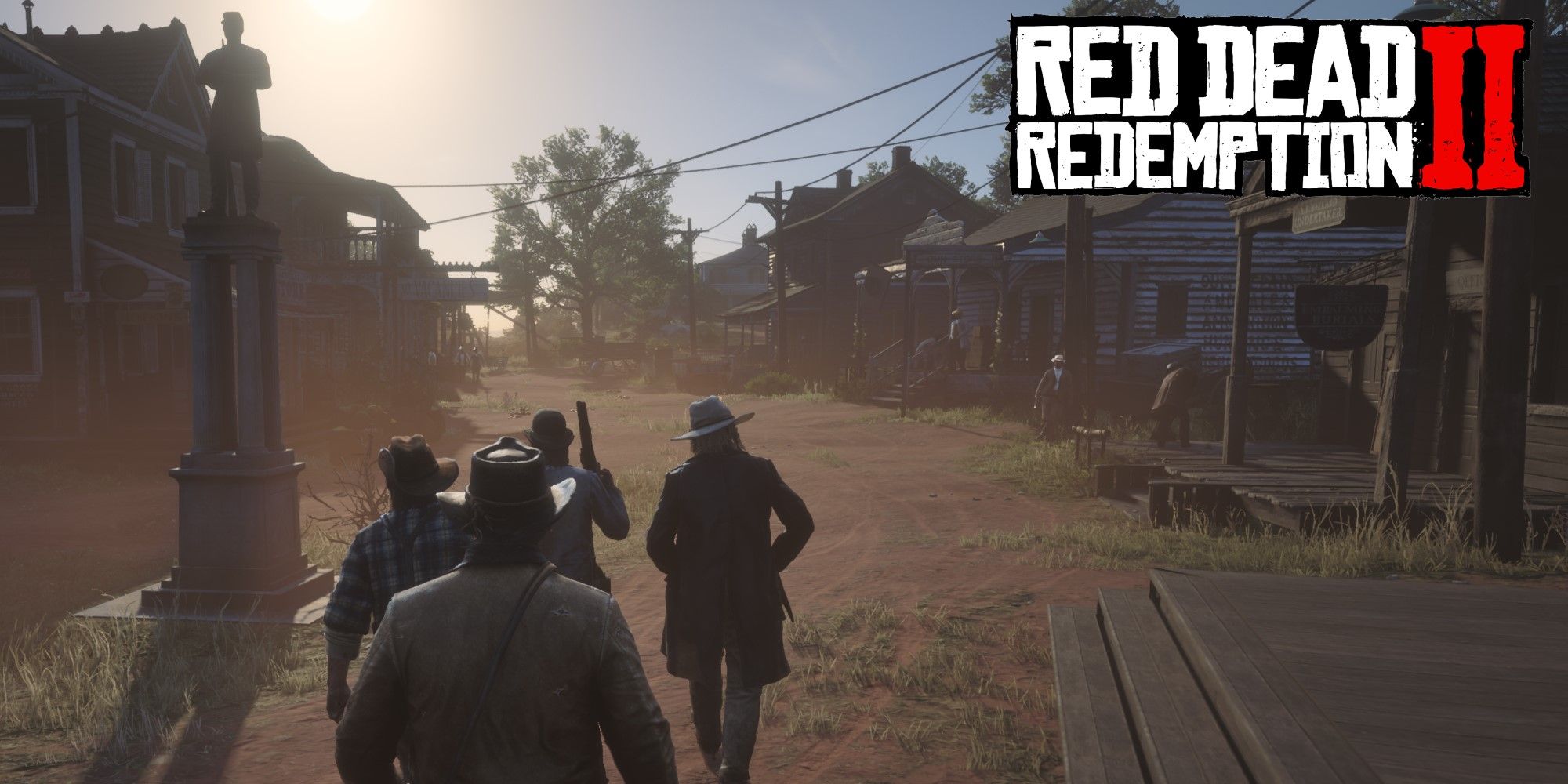 Red Dead Redemption 2 Arthur Morgan walking into Rhodes with Micah Bell III Bill Williamson and Sean Macguire with game logo