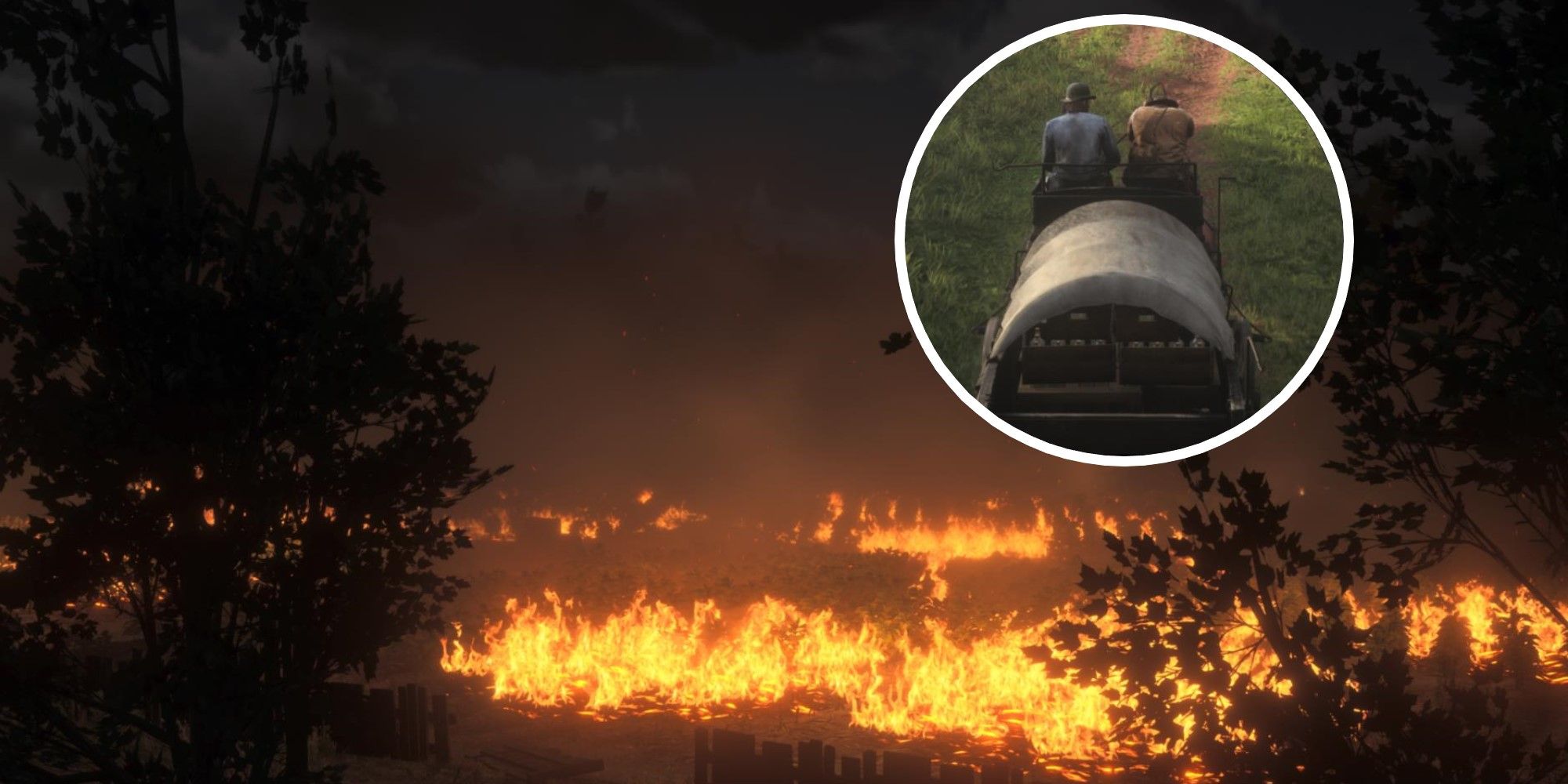 Red Dead Redemption 2 Gray Tobacco fields burning with Arthur Morgan and Sean Macguire riding in a wagon