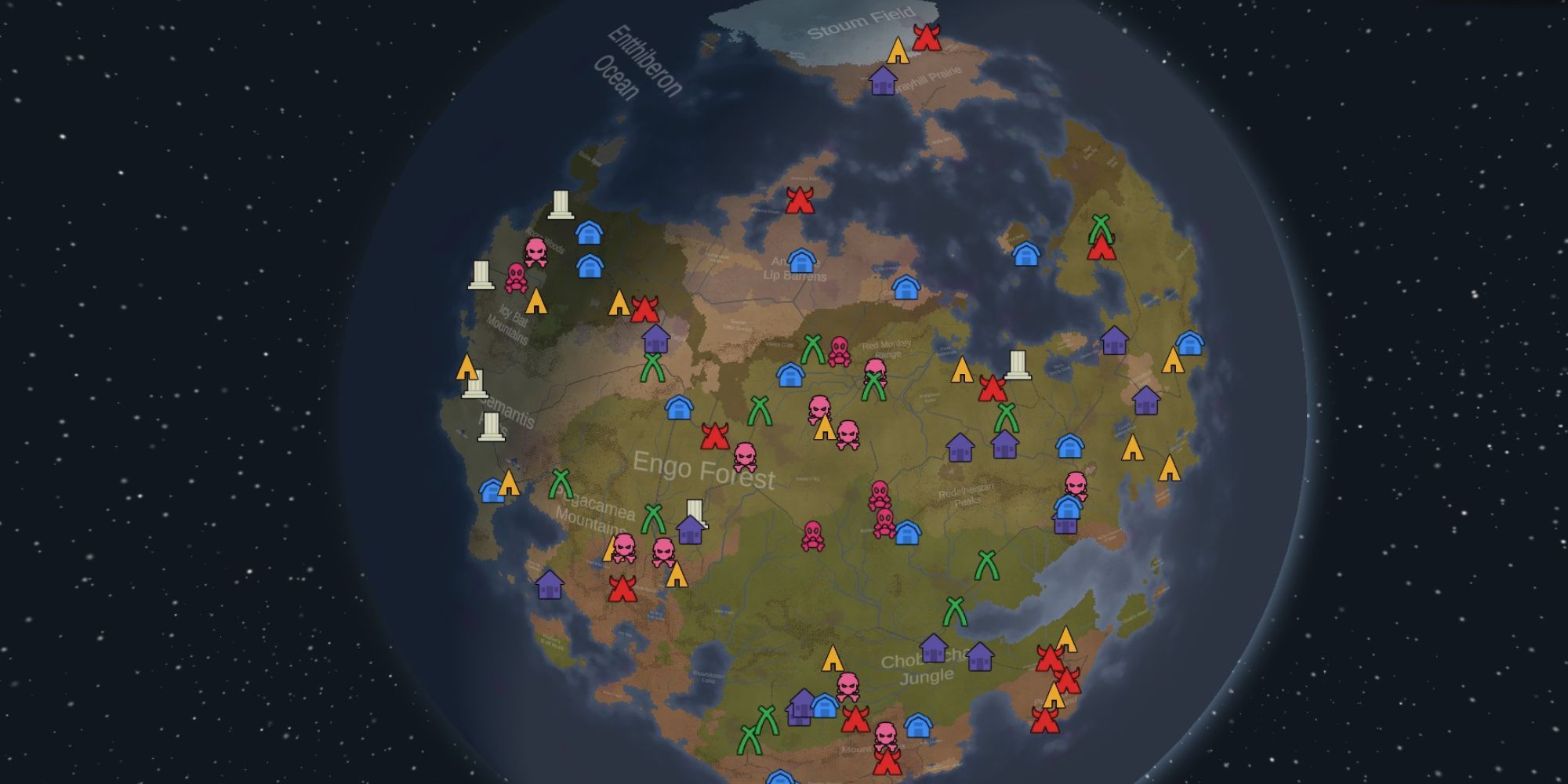 Selecting a place to land on the world map in Rimworld