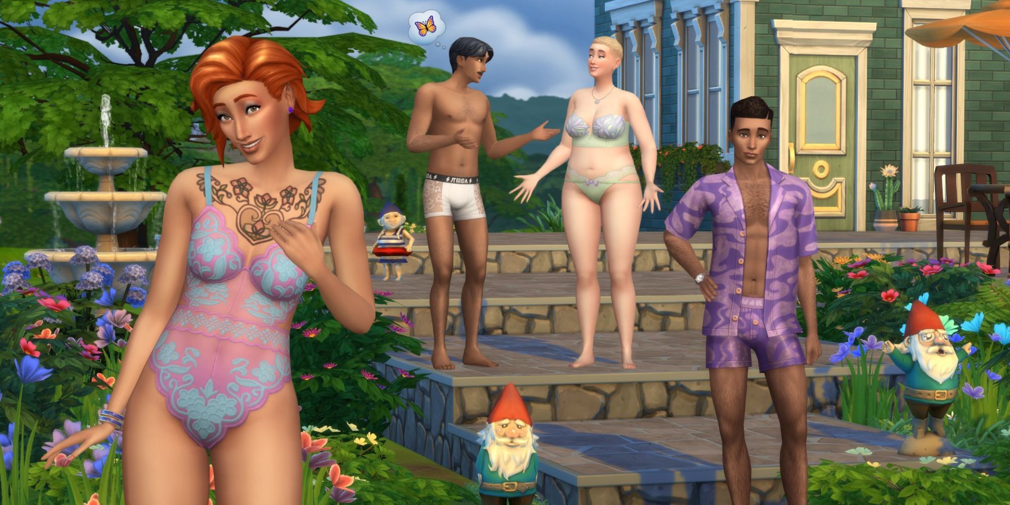 A quartet of Sims show off some of the new Simtimate underwear and lingerie options