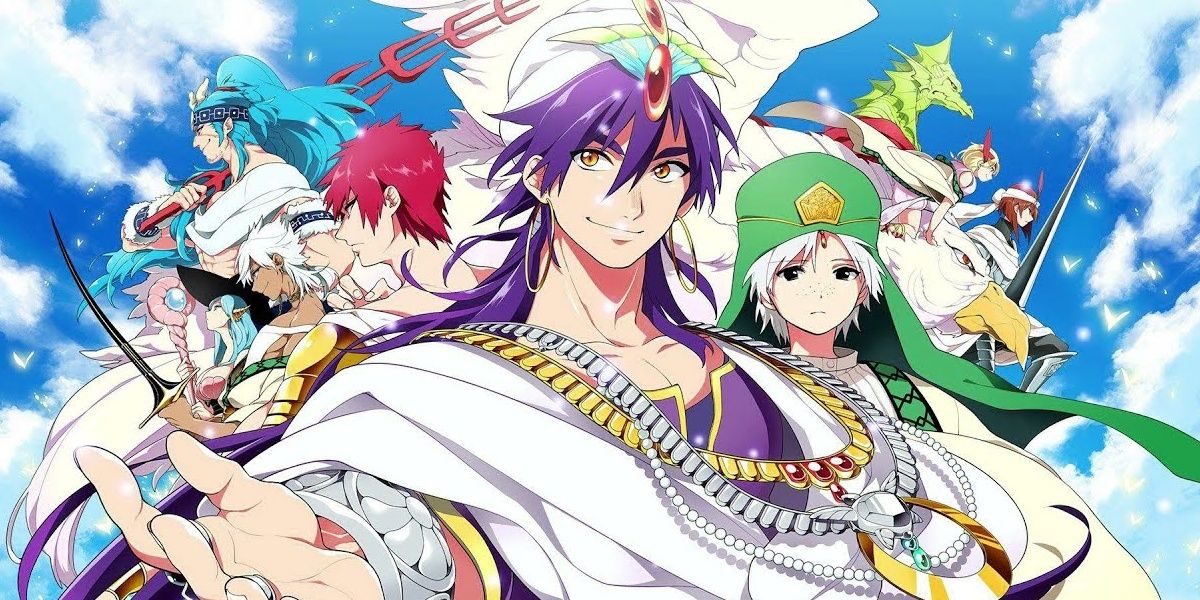The main characters from Magi: Adventure Of Sinbad all standing posed together with Sinbad in the front.