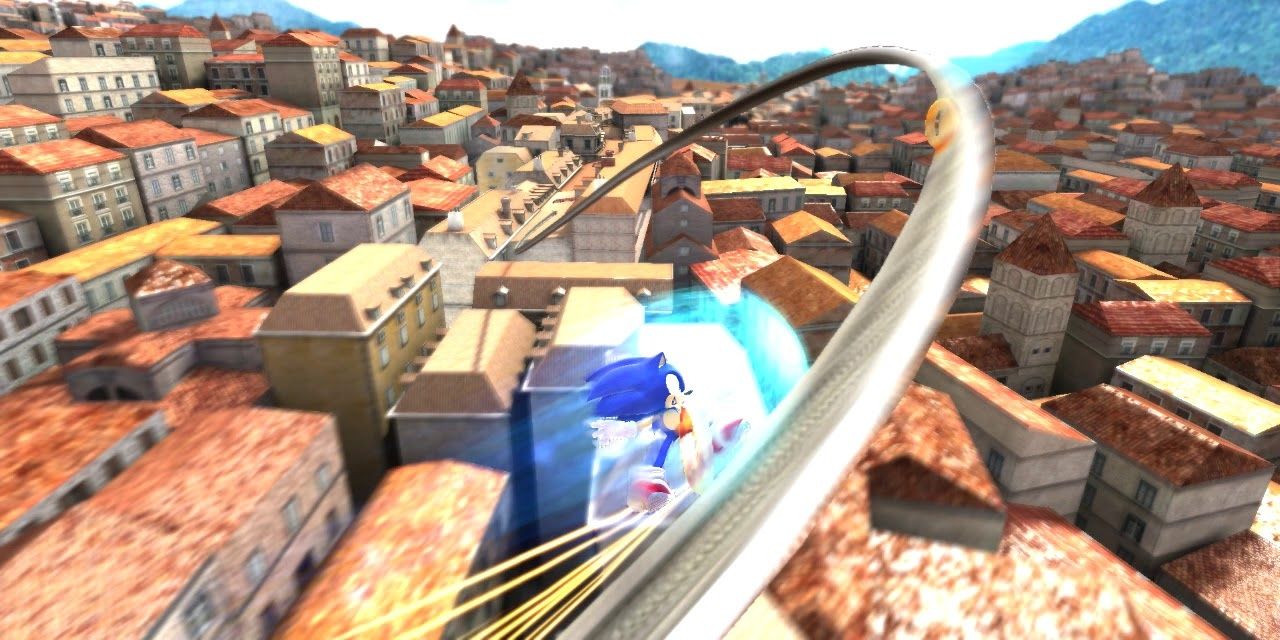 Soinc Grinding On A Rail in Rooftop Run Act 1 in Sonic Unleashed