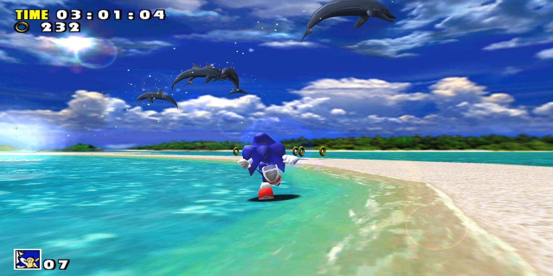 Sonic runs on the beach with dolphins in Sonic Adventure
