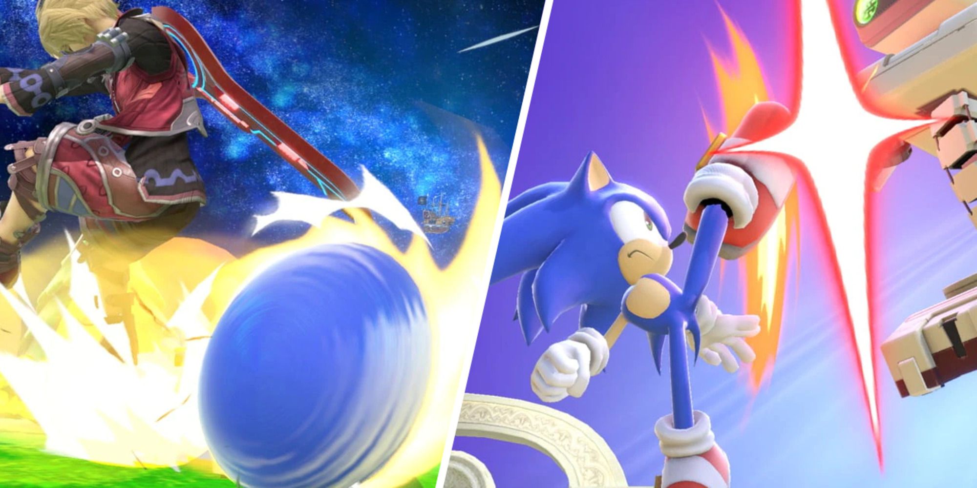 Sonic using his Spin Dash on Shulk and Up-Tilt on R.O.B. in Super Smash Bros. Ultimate.