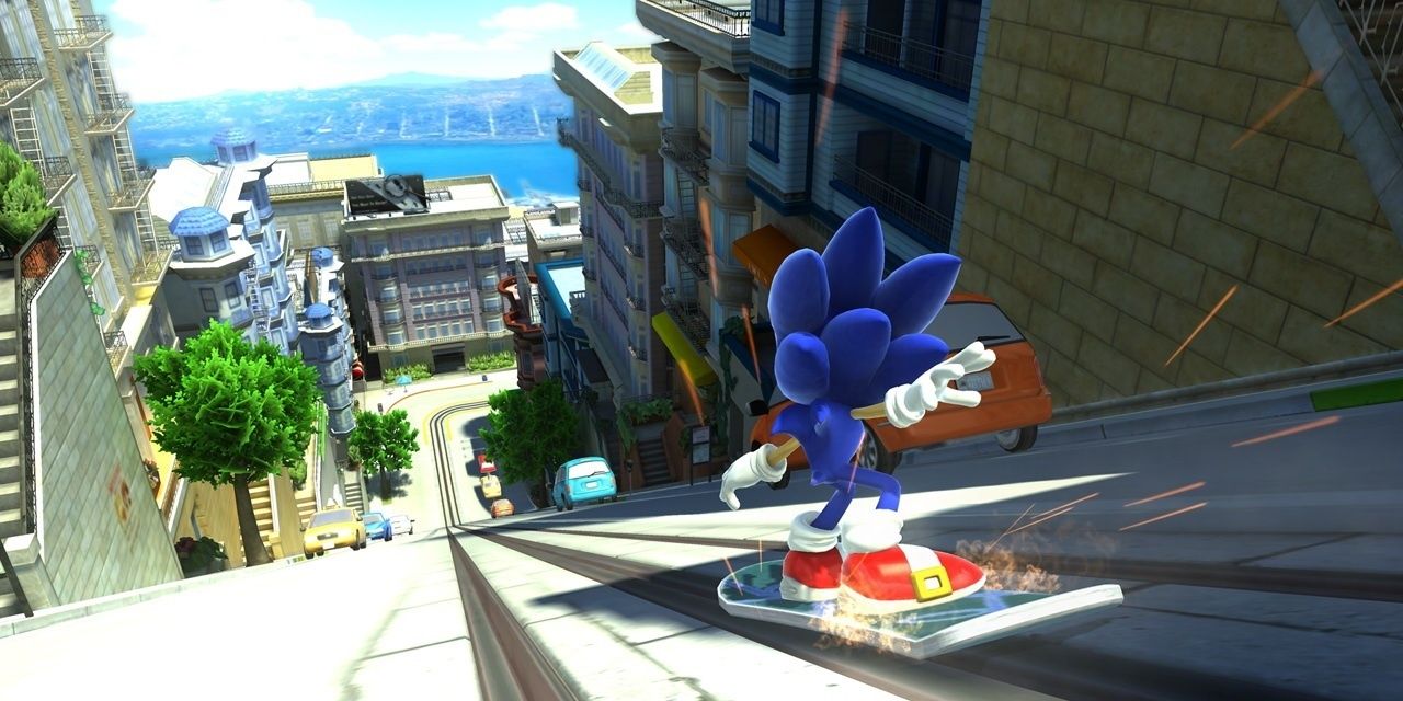 Sonic Street Boarding Down A Road In City Escape From Sonic Adventure 2 And Sonic Adventure Generations