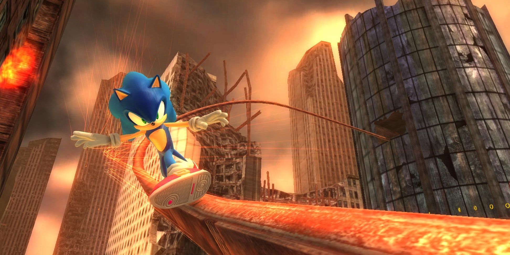 Sonic Grinding On A Rail In Crisis City From Sonic The Hedgehog (2006)