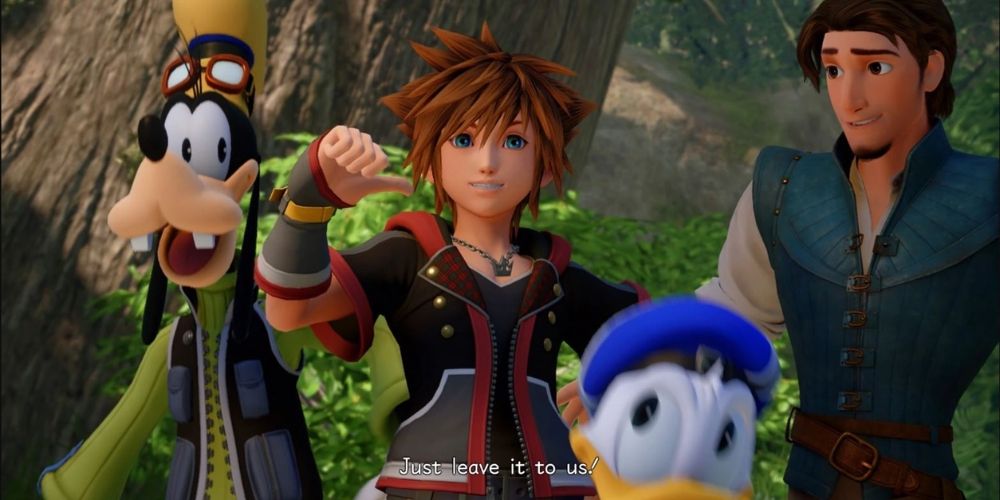 From left to right: Goofy, Sora, Donald and Eugene in the world of Tangled from KH 3