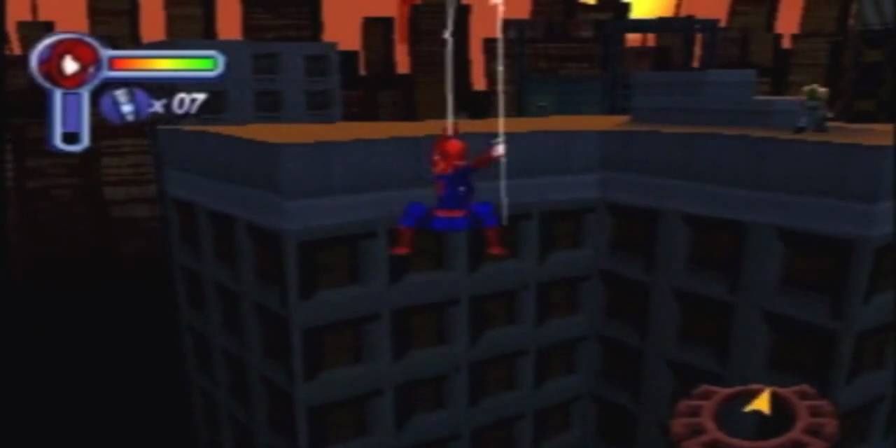 spider-man swings from building to building