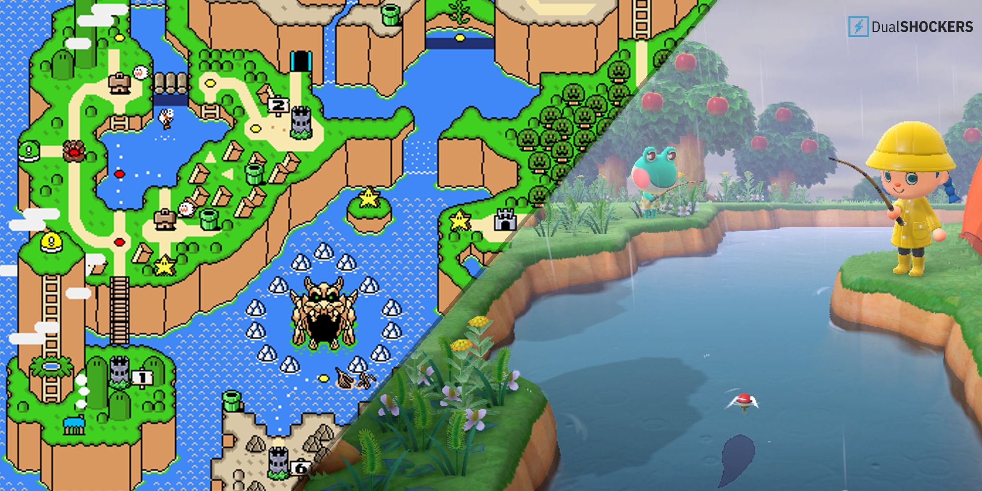 Split Image Super Mario World Map Animal Crossing New Horizons Screenshot