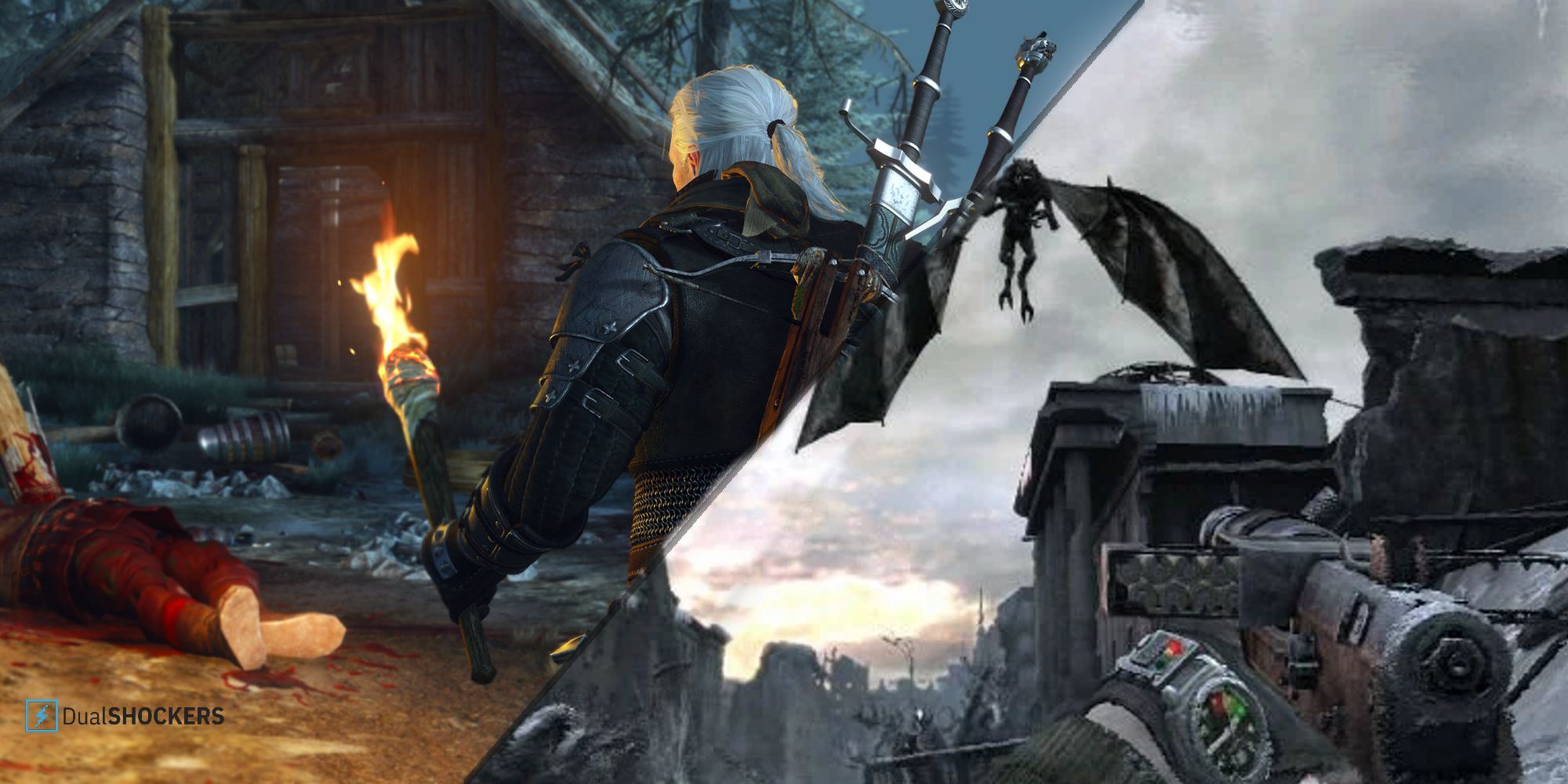 Split Image Left Side Geralt From Witcher Holding Torch Right Side Metro 2033 Holding Gun Pointing At Goblin