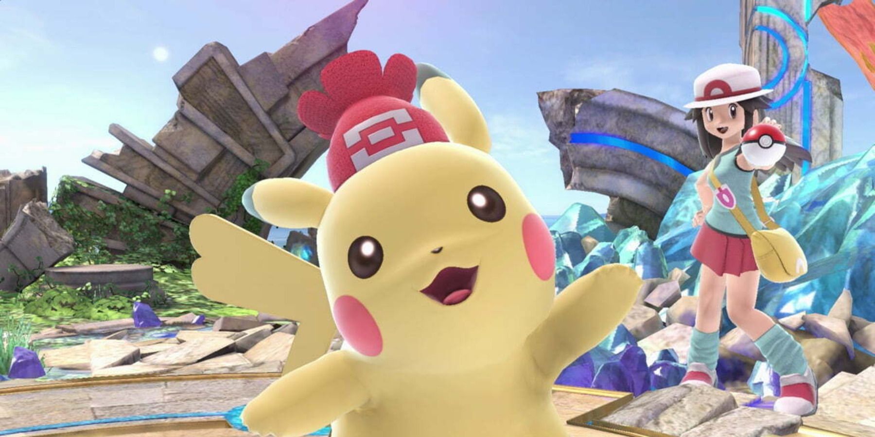 A female Pikachu waving in front of a Pokemon Trainer in Super Smash Bros. Ultimate.