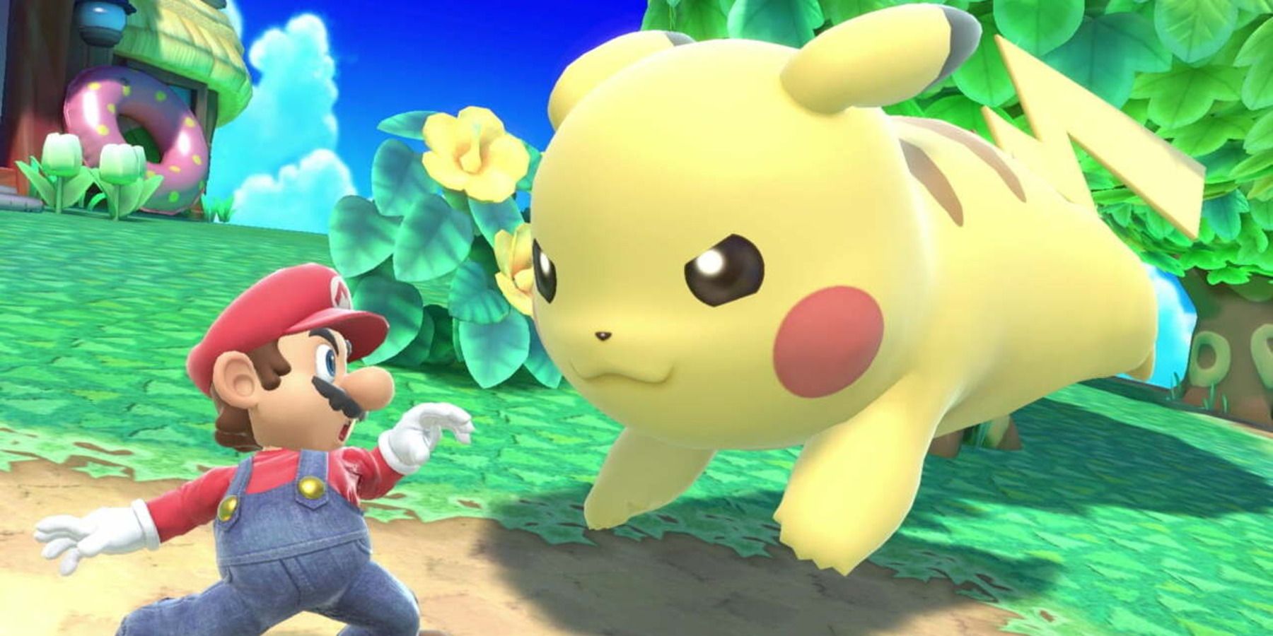 An enlarged Pikachu running towards a shocked Mario in Super Smash Bros. Ultimate.