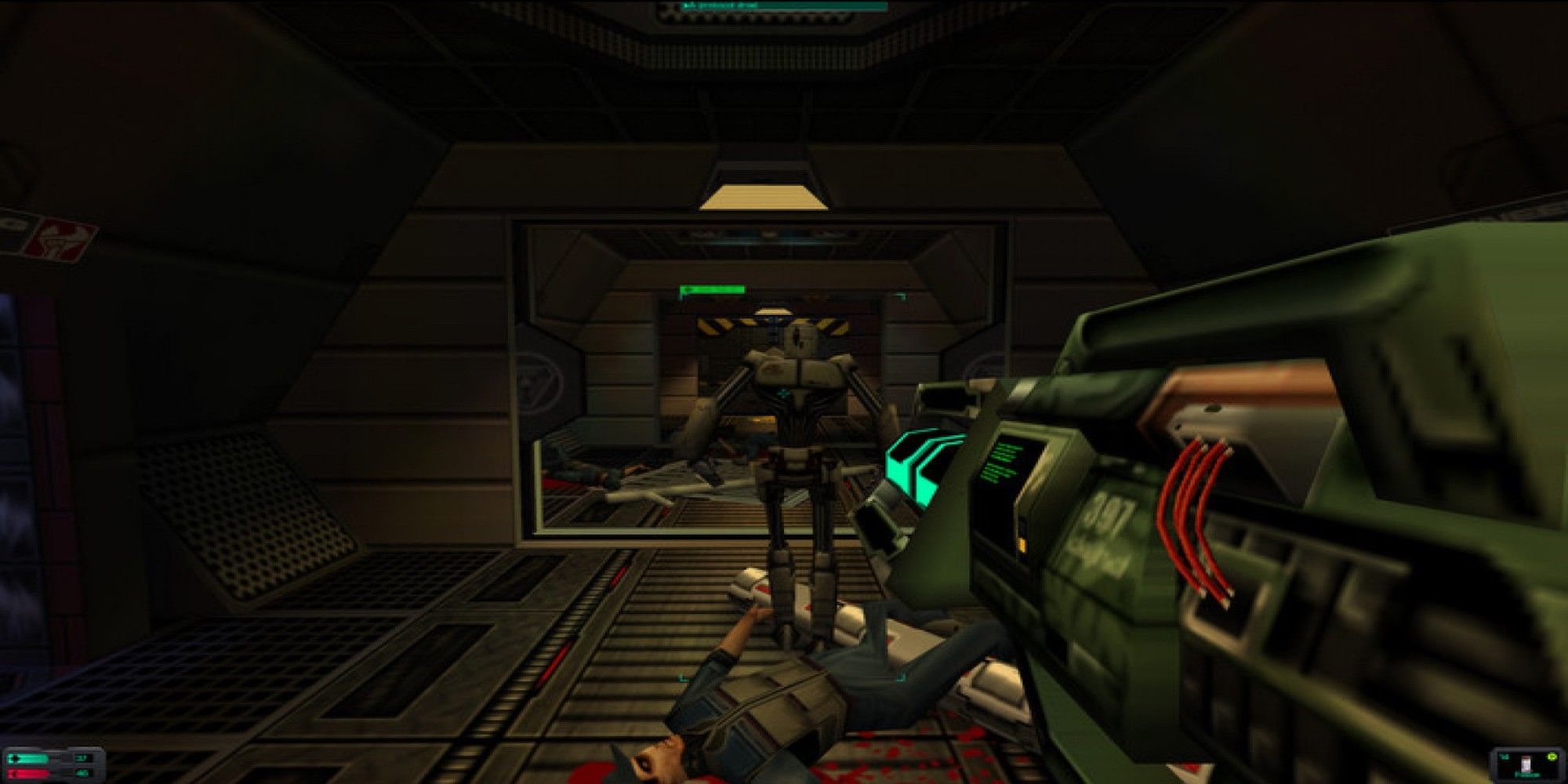 Player aiming a weapon at an enemy (System Shock 2)