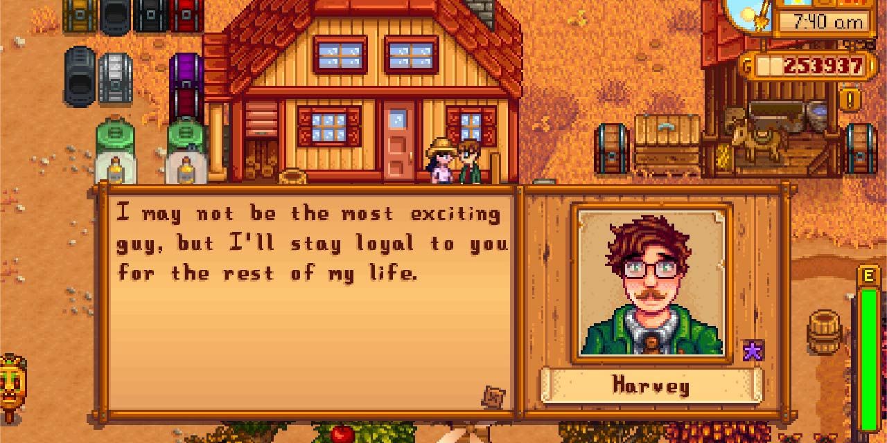 Harvey in Stardew Valley saying "I may not be the most exciting guy, but I'll stay loyal to you for the rest of my life."