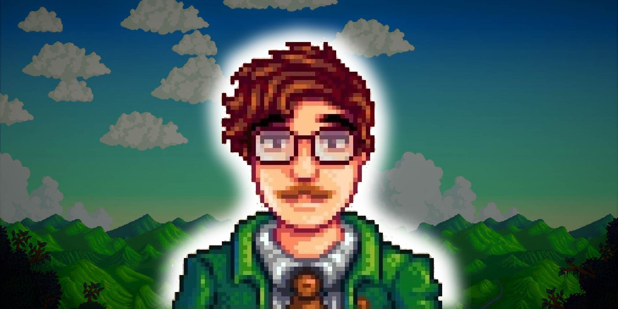 Harvey from Stardew Valley in front of the background from the game's opening.