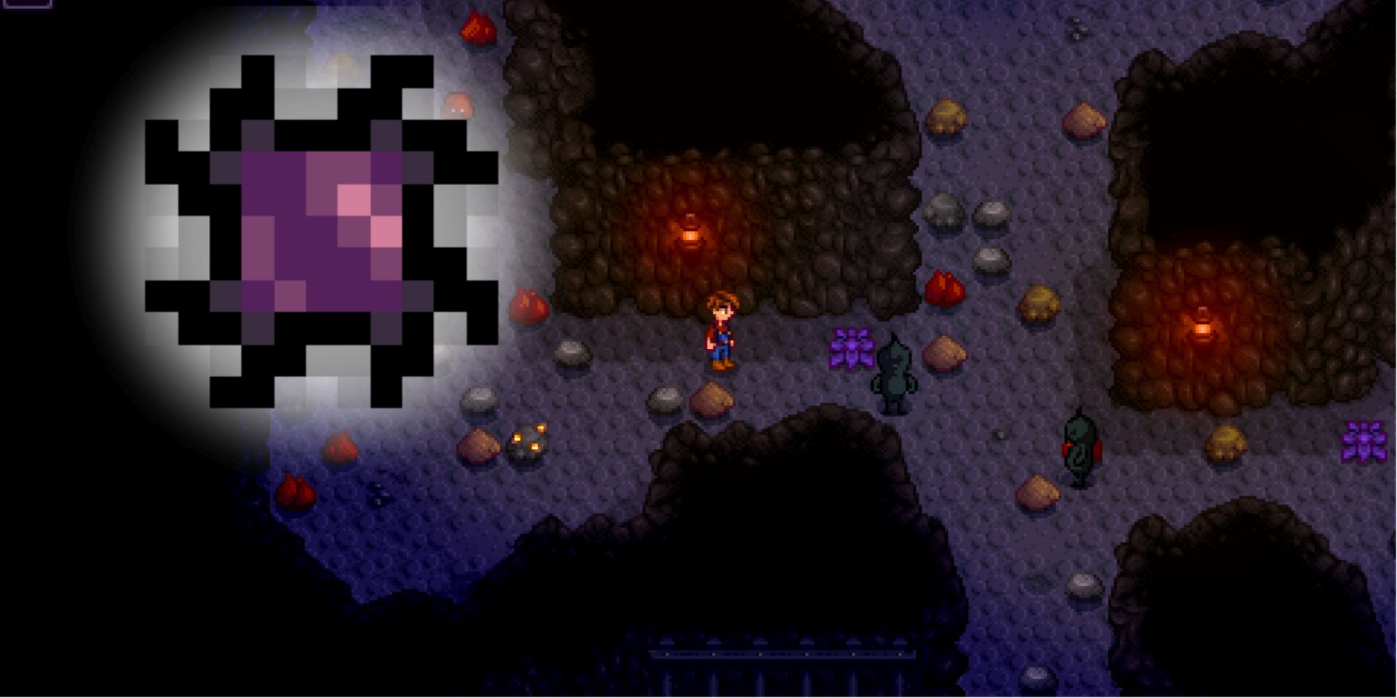 Two Shadow Brutes stare at the default player in the Mines. A glowing Void Essence hover in the top left.