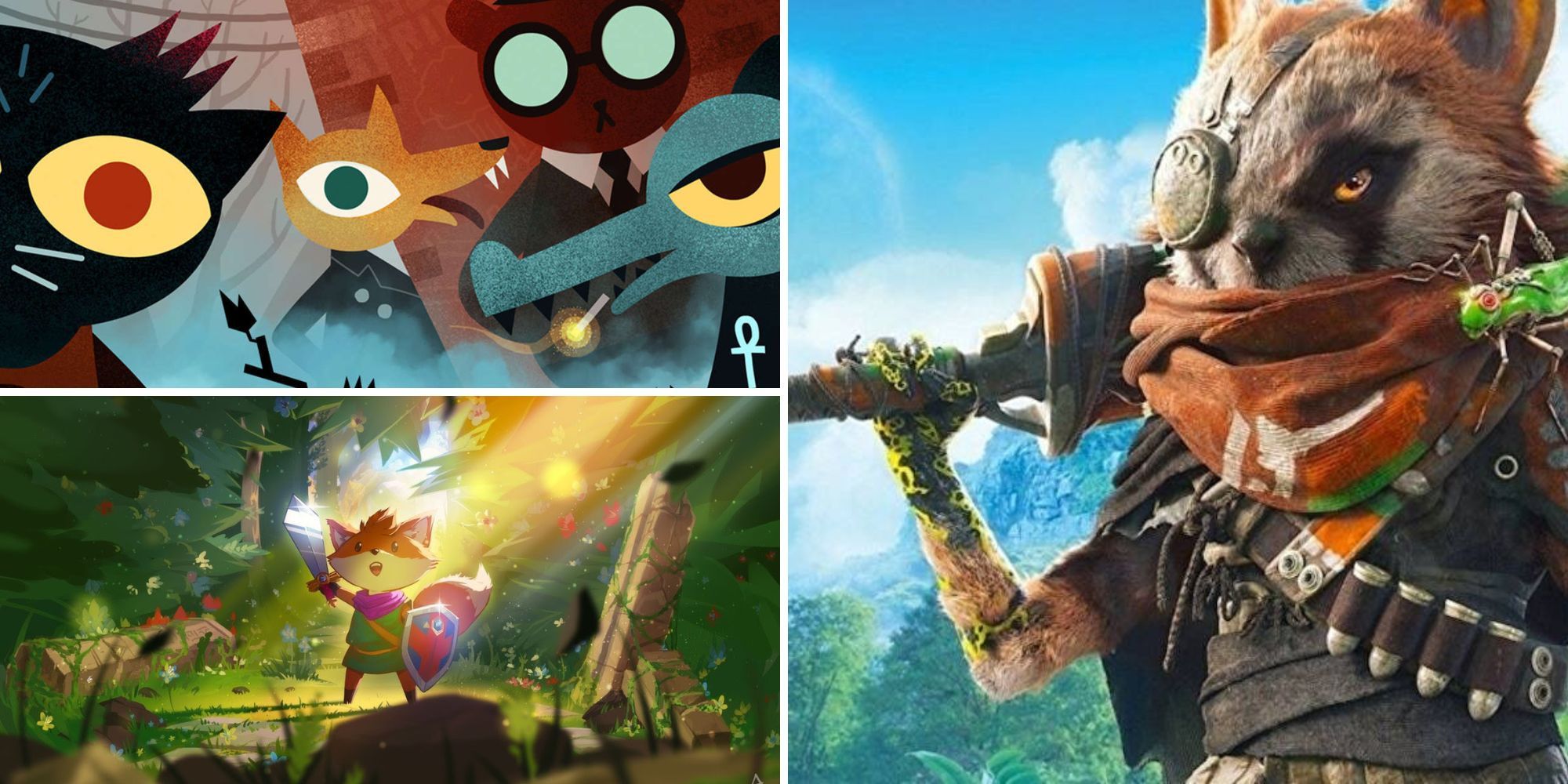 Collage of Games Like Stray (Night in the Woods, Tunic, BioMutant)