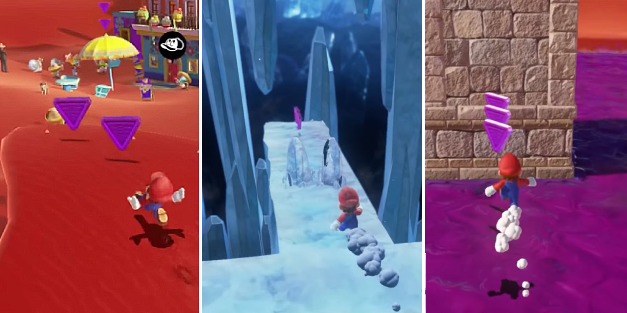 Split image of Mario collecting purple coins in different areas of the Sand Kingdom in Super Mario Odyssey